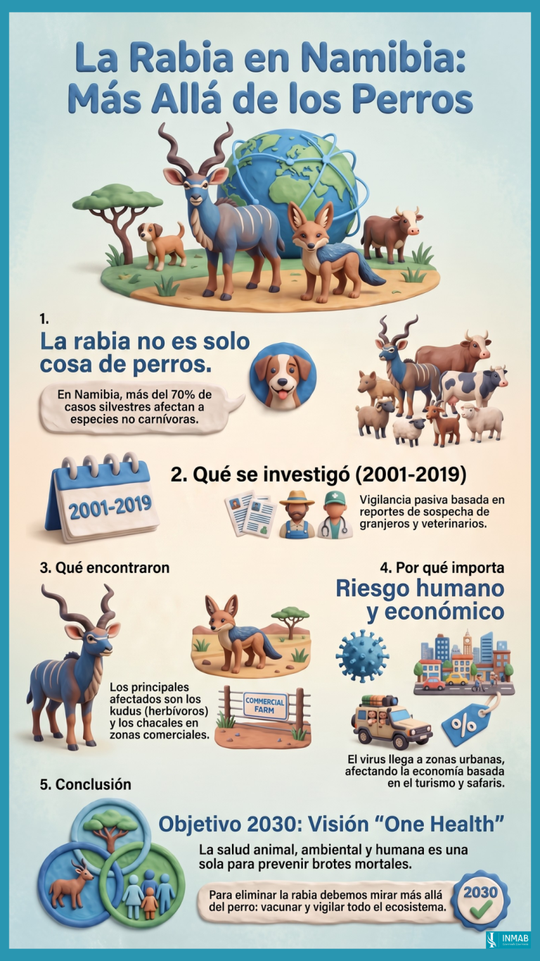 La rabia en Namibia: más allá de los perros| INMAB Infografía sobre la rabia en fauna silvestre en Namibia y el enfoque One Health para prevenir brotes y proteger la salud.