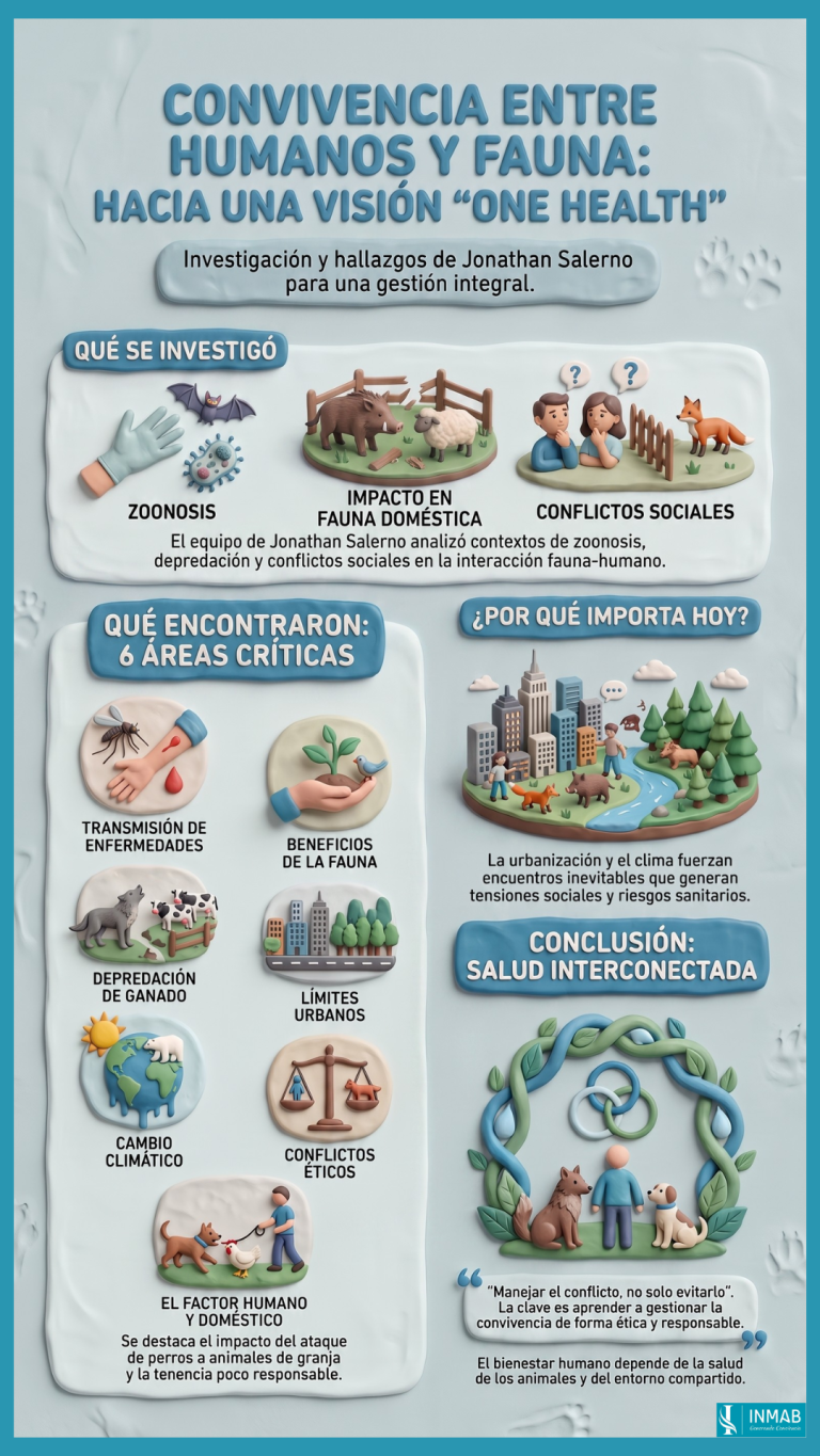 Convivencia entre humanos y fauna: hacia una visión One Health| INMAB Infografía sobre la convivencia entre humanos y fauna desde el enfoque One Health y la importancia de una gestión responsable.