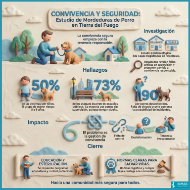 Infografía sobre un estudio realizado en Tierra del Fuego que analiza las lesiones por mordedura y ayuda a comprender cómo prevenirlas.