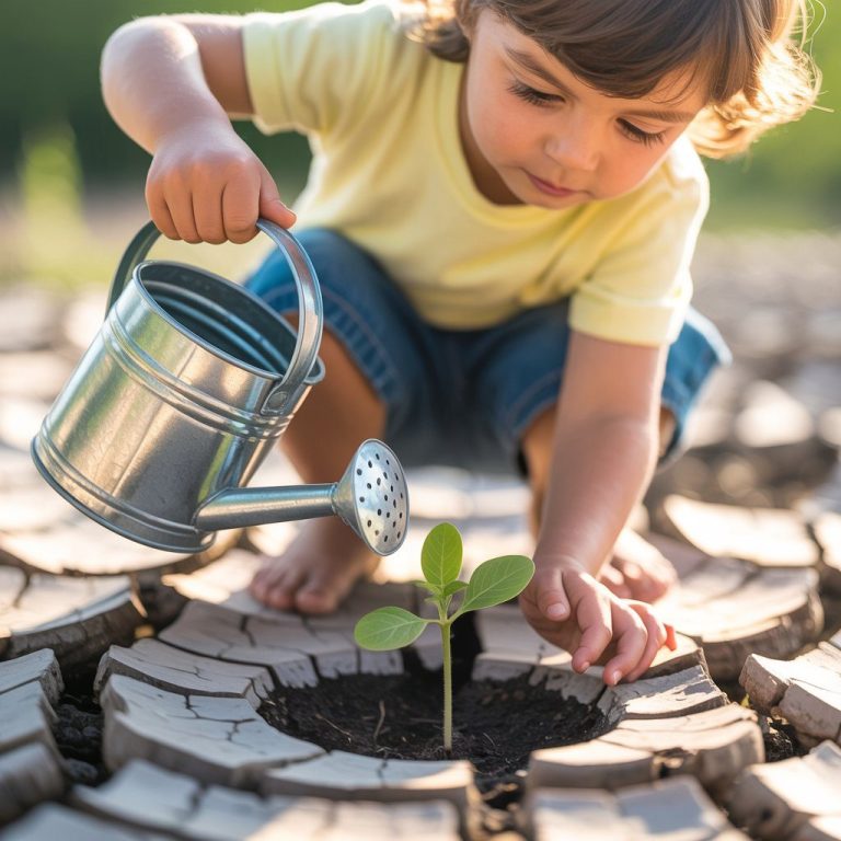 Un niño riega una pequeña planta en tierra agrietada. El cuidado de la vida frente a la desertificación representa un acto de futuro.
