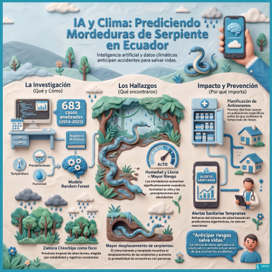 Infografía sobre un modelo de IA que predice el riesgo de mordeduras de serpiente en Ecuador mediante variables climáticas.