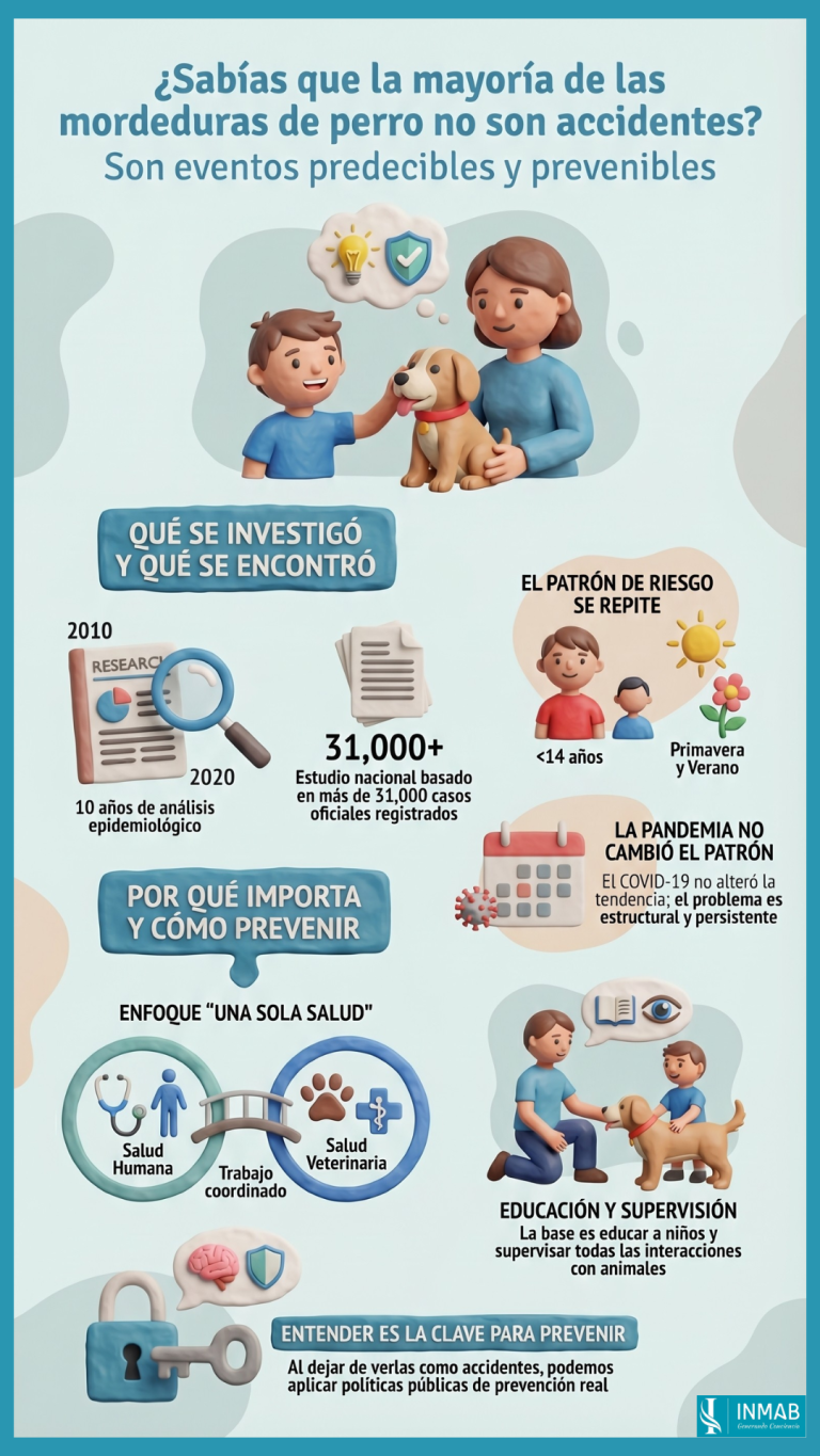 Infografía sobre mordeduras de perro: no son accidentes, son eventos predecibles y prevenibles según datos epidemiológicos